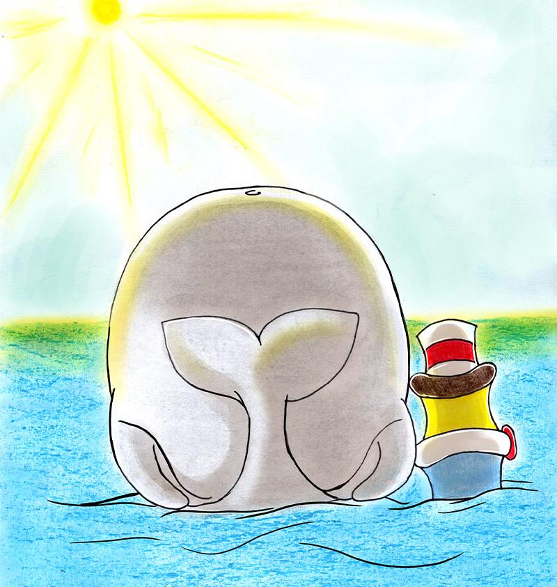 Dieses Bild zeigt eine Illustration von einem Wal und einem kleinen Boot auf dem Meer.