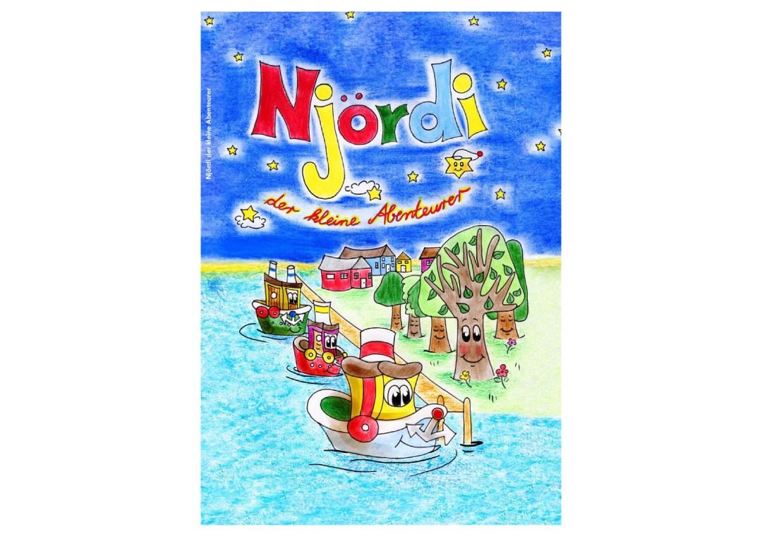 Dieses Bild zeigt eine Illustration von Booten und Bäumen bei Nacht, mit dem Titel: Njördi der kleine Abenteurer.