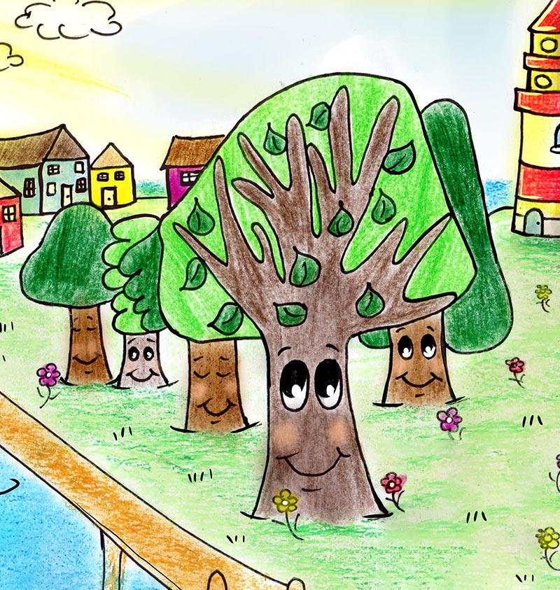 Dieses Bild zeigt ein Ausmalbild von Bäumen mit Gesichtern.