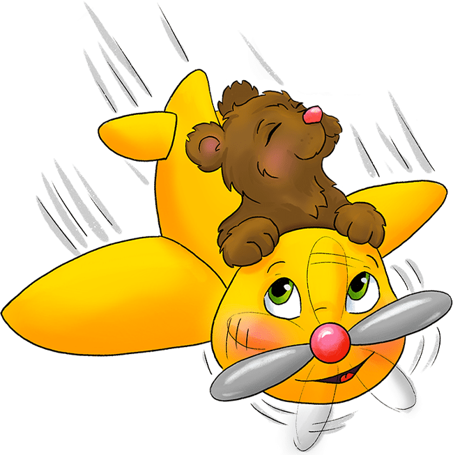 Dieses Bild zeigt eine Illustration von einem gelben Flugzeug und einem braunen Bären.