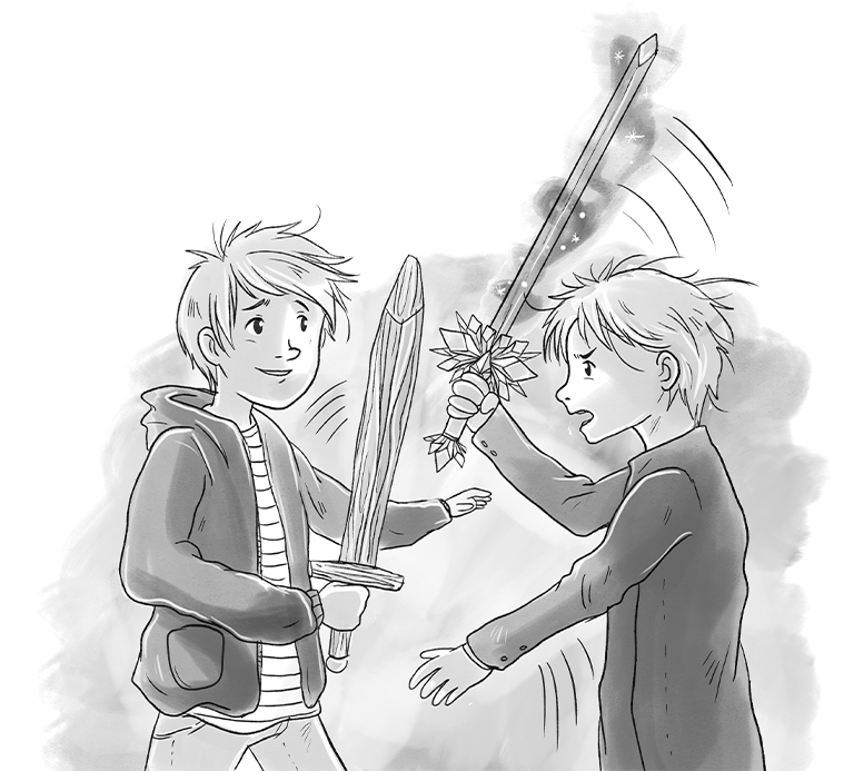 dieses Bild zeigt eine Schwarz-Weiß Illustration von zwei Jungs, die mit Schwertern kämpfen.