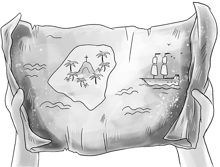 Dieses Bild zeigt eine Schwarz-Weiß Zeichnung von einer Schatzkarte.